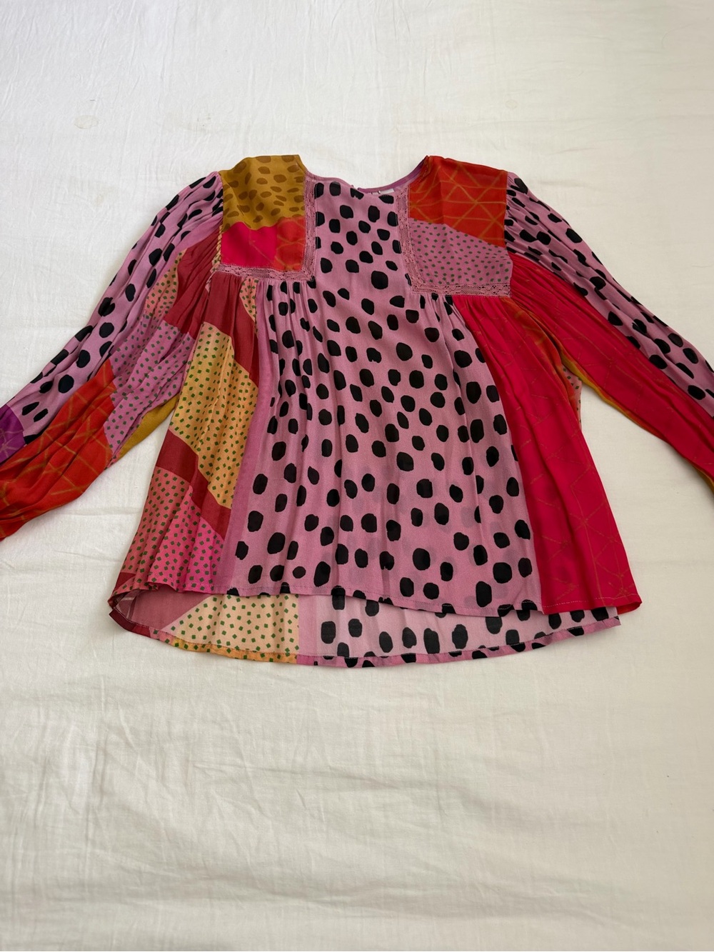 Pink Patchwork Long-Sleeve Blouse with Black Spot Print
